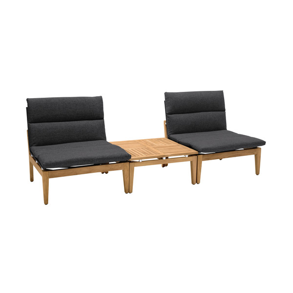 Armen Living Arno Outdoor 3 Piece Teak Wood Seating Set In Charcoal Olefin SETODARDK2A1B