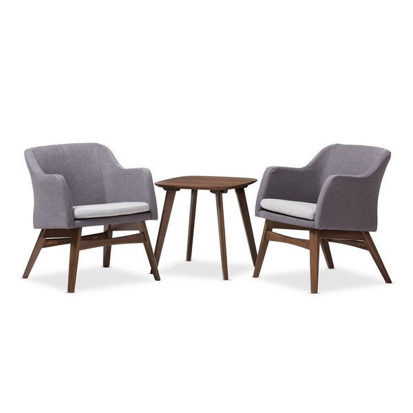 Baxton Studio Vera 3-Piece Lounge Chair & Table Set Vera-Dark-Grey/Walnut 3PC Set