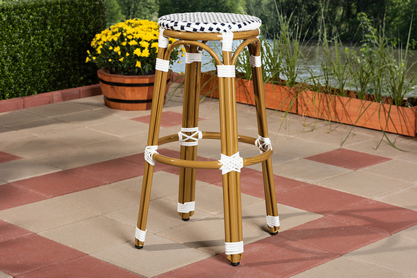 Baxton Studio Indoor And Outdoor Navy And White Bamboo Bistro Bar Stool