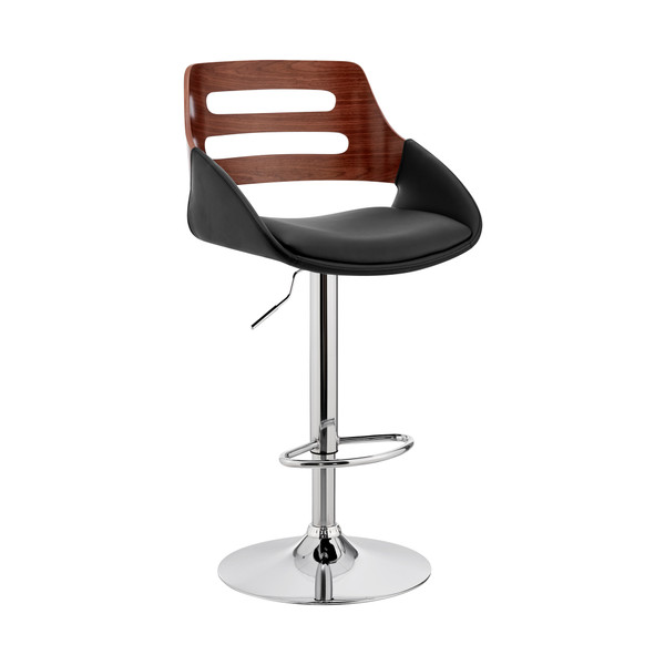 Armen Living Karter Adjustable Black Faux Leather And Walnut Wood Bar Stool With Chrome Base LCKTBAWABL