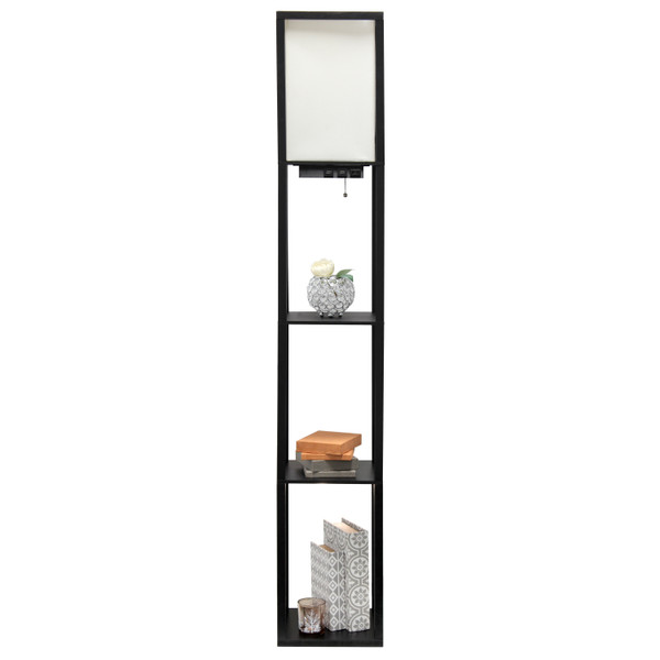 All The Rages Simple Designs Floor Lamp Etagere Organizer Storage Shelf With 2 Usb Charging Ports, 1 Charging Outlet And Linen Shade, Black LF1037-BLK