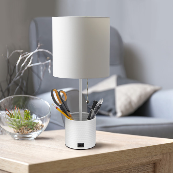 All The Rages Simple Designs Hammered Metal Organizer Table Lamp With Usb Charging Port And Fabric Shade, White LT1085-WHT