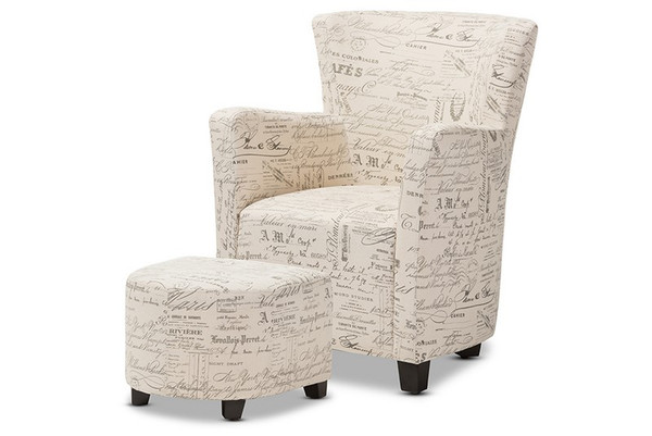 Baxton Studio Benson Script Patterned Club Chair and Ottoman Set WS-0710-Beige-L277