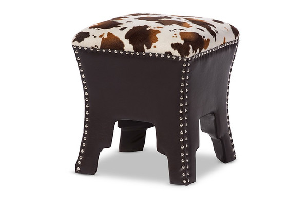 Baxton Studio Sally Cow-Print Patterned Fabric Faux Leather Accent Stool WS-B1212-Brown
