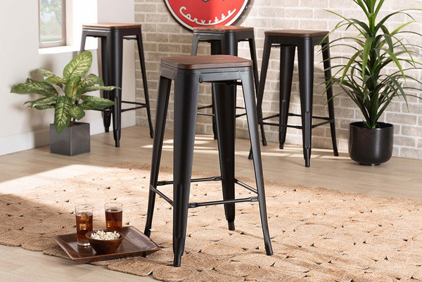 Horton Modern And Contemporary Black Metal And Walnut Brown Finished Wood 4-Piece Bar Stool Set By Baxton Studio AY-MC08-Black Matte-BS