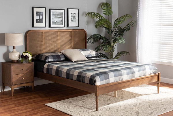 Elston Mid-Century Modern Walnut Brown Finished Wood And Synthetic Rattan Full Size Platform Bed By Baxton Studio MG0056-Rattan/Walnut-Full