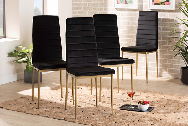 Armand Modern Glam And Luxe Black Velvet Fabric Upholstered And Gold Finished Metal 4-Piece Dining Chair Set By Baxton Studio 112157-1-Black Velvet/Gold-DC