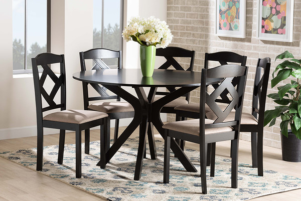 Carlin Sand Fabric Upholstered And Dark Brown Finished Wood 7-Piece Dining Set By Baxton Studio Carlin-Sand/Dark Brown-7PC Dining Set