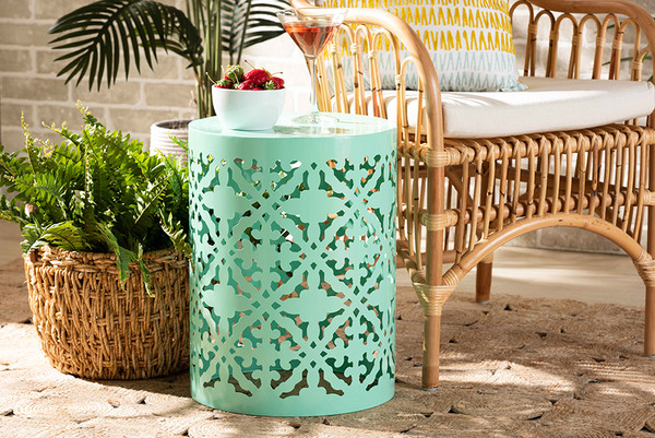 Jamila Modern And Contemporary Aqua Finished Metal Outdoor Side Table By Baxton Studio H01-104258 Aqua Metal Side Table