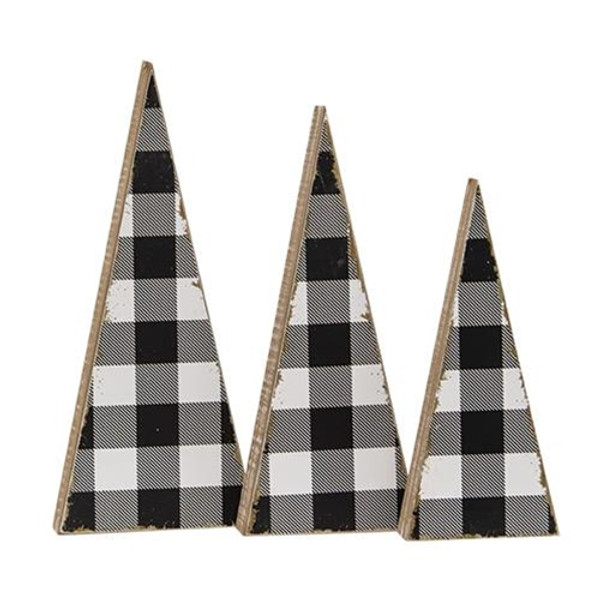 *3/Set Black & White Buffalo Check Wooden Trees G20NK054 By CWI Gifts