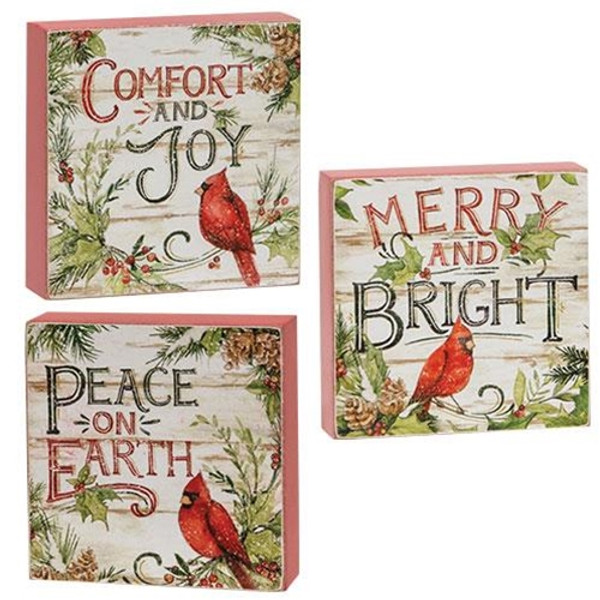 CWI Gifts G2591310 Evergreen Cardinal Christmas Sayings Block 3 Assorted (Pack Of 3)