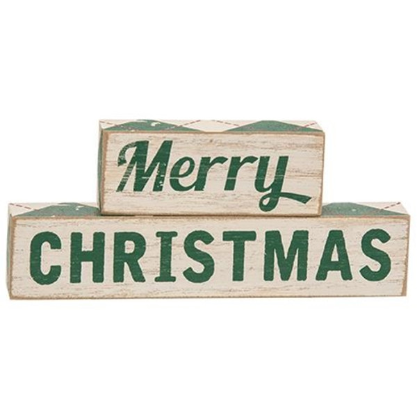 2/Set Plaid Merry Christmas Wooden Blocks G35721 By CWI Gifts