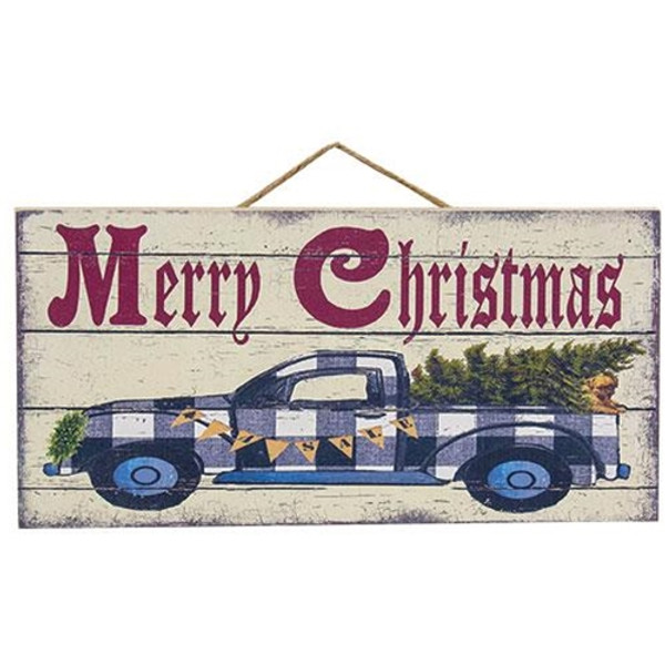 *Merry Christmas With Plaid Truck Hanging Sign G612C04 By CWI Gifts