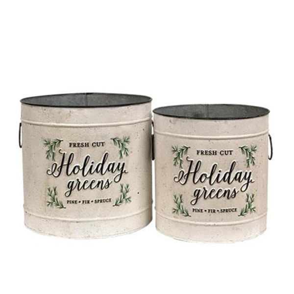 2/Set Holiday Greens Distressed Metal Pails GQC50364 By CWI Gifts