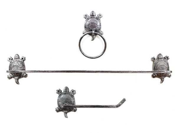 Wholesale Model Ships Rustic Silver Cast Iron Turtle Bathroom Set Of 3 - Large Bath Towel Holder And Towel Ring And Toilet Paper Holder K-9047-T-Silver-SET