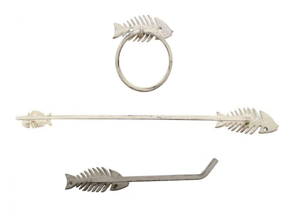 Wholesale Model Ships Whitewashed Cast Iron Fish Bone Bathroom Set Of 3 - Large Bath Towel Holder And Towel Ring And Toilet Paper Holder K-9037-W-SET