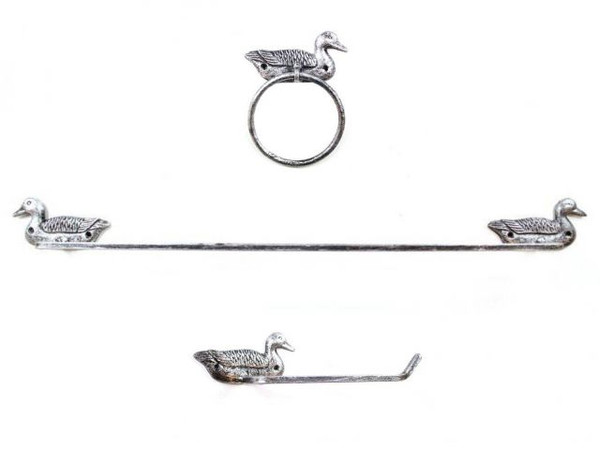 Wholesale Model Ships Rustic Silver Cast Iron Mallard Duck Bathroom Set Of 3 - Large Bath Towel Holder And Towel Ring And Toilet Paper Holder K-9035-Silver-SET