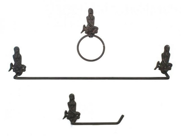 Wholesale Model Ships Cast Iron Mermaid Bathroom Set Of 3 - Large Bath Towel Holder And Towel Ring And Toilet Paper Holder K-9013-cast-iron-SET