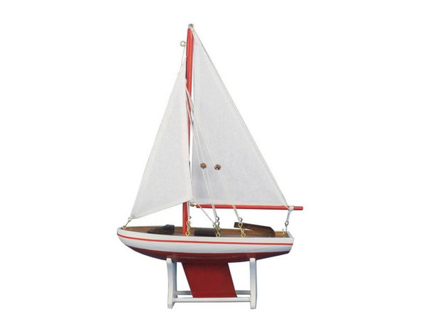 Wholesale Model Ships Wooden Decorative Sailboat 12" - Red Sailboat Model Sailboat-Red-White-Sails-12