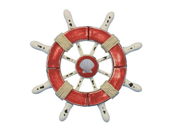 Wholesale Model Ships Rustic Red And White Decorative Ship Wheel With Seashell 6" SW-6-110-seashell-NH
