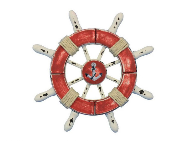 Wholesale Model Ships Rustic Red And White Decorative Ship Wheel With Anchor 6" SW-6-110-anchor-NH