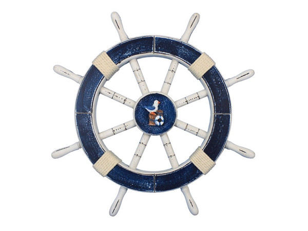 Wholesale Model Ships Rustic Dark Blue Decorative Ship Wheel With Seagull And Lifering 18" Rustic-Dark-Blue-SW-Seagull-and-Lifering-18