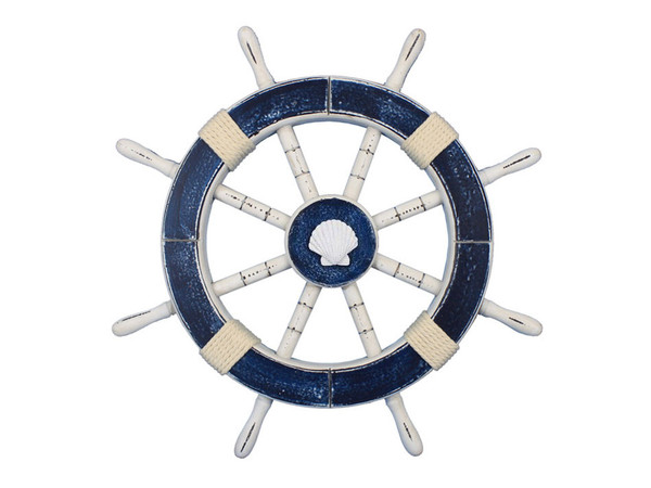 Wholesale Model Ships Rustic Dark Blue Decorative Ship Wheel With Seashell 18" Rustic-Dark-Blue-SW-Seashell-18