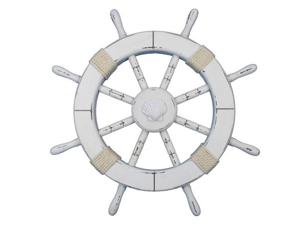Wholesale Model Ships Rustic White Decorative Ship Wheel With Seashell 18" Rustic-White-SW-Seashell-18
