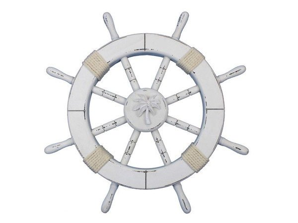 Wholesale Model Ships Rustic White Decorative Ship Wheel With Palm Tree 18" Rustic-White-SW-Palm-Tree-18