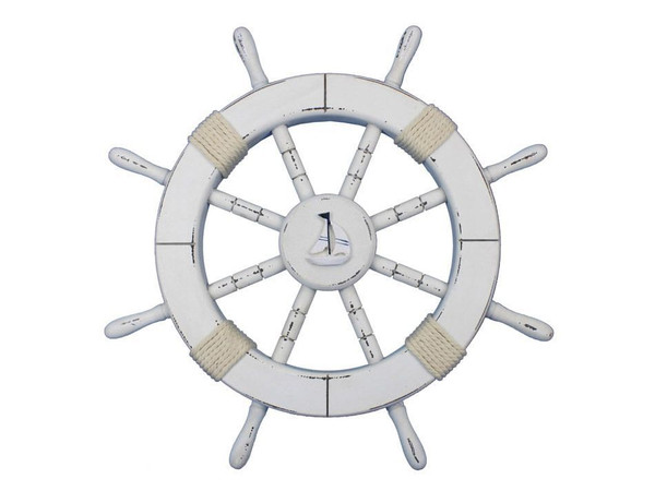 Wholesale Model Ships Rustic White Decorative Ship Wheel With Sailboat 18" Rustic-White-SW-Sailboat-18