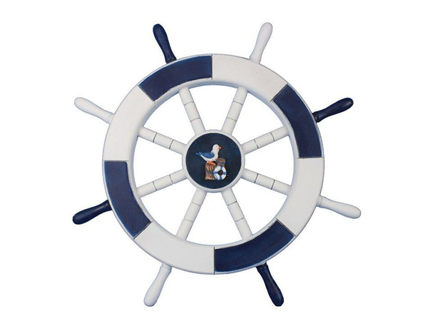 Wholesale Model Ships Dark Blue And White Decorative Ship Wheel With Seagull And Lifering 18" New-Dark-Blue-and-White-SW-Seagull-and-Lifering-18