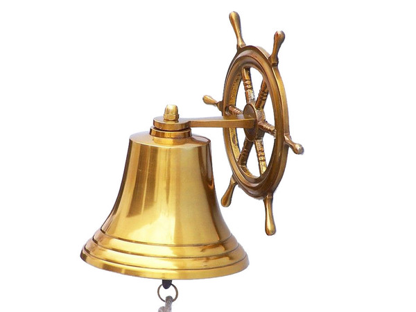 Wholesale Model Ships Brass Plated Hanging Ship Wheel Bell 8" BL-2026-2-BR