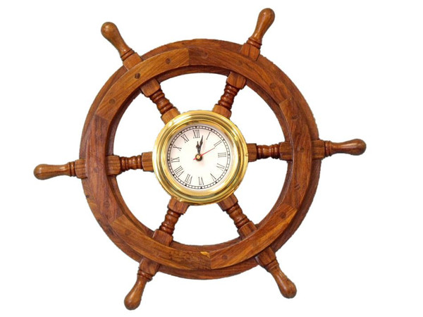 Wholesale Model Ships Deluxe Class Wood And Brass Ship Wheel Clock 18" SW-1720