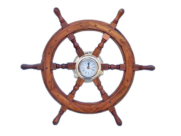 Wholesale Model Ships Deluxe Class Wood And Brass Ship Wheel Clock 24" SW-1721A