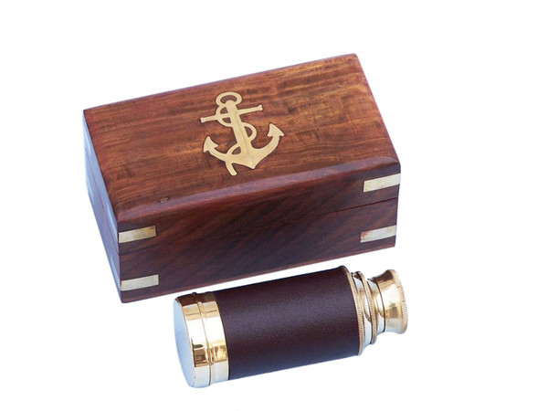Wholesale Model Ships Deluxe Class Scout'S Brass - Leather Spyglass Telescope 7" With Rosewood Box FT-0241