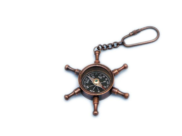 Wholesale Model Ships Antique Copper Ship Wheel Compass Key Chain 5" K-301