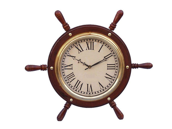 Wholesale Model Ships Solid Wood & Brass Ship Wheel Clock 15" SW-1753