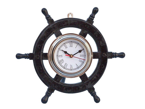 Wholesale Model Ships Deluxe Class Wood And Chrome Pirate Ship Wheel Clock 12" SW-1719-Black