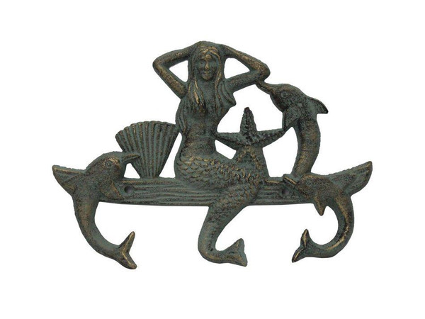 Wholesale Model Ships Antique Seaworn Bronze Cast Iron Wall Mounted Mermaid With Dolphin Hooks 9" G-54-755-BRONZE