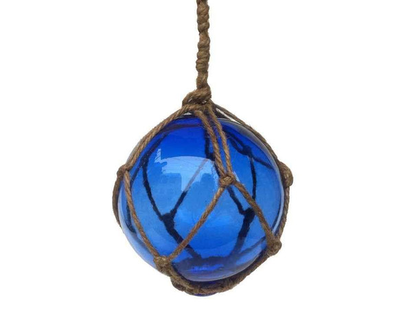 Wholesale Model Ships Blue Japanese Glass Ball Fishing Float With Brown Netting Decoration 4" 4 Blue Glass - Old