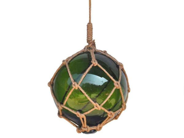 Wholesale Model Ships Green Japanese Glass Ball Fishing Float With Brown Netting Decoration 12" 12 Green Glass - Old