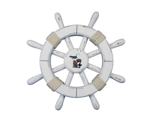 Wholesale Model Ships Rustic White Decorative Ship Wheel With Seagull 12" rustic-white-sw-12-seagull