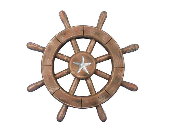 Wholesale Model Ships Rustic Wood Finish Decorative Ship Wheel With Starfish 12" rustic-wood-sw-12-starfish