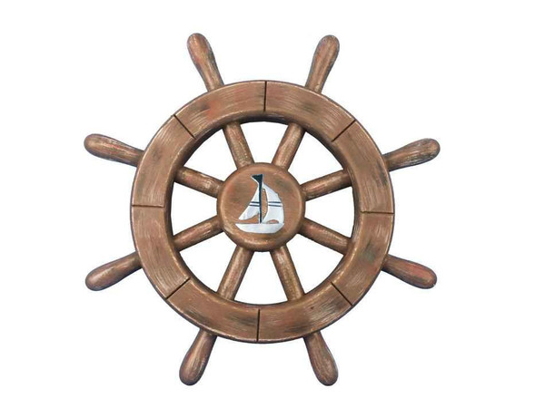Wholesale Model Ships Rustic Wood Finish Decorative Ship Wheel With Sailboat 12" rustic-wood-sw-12-sailboat