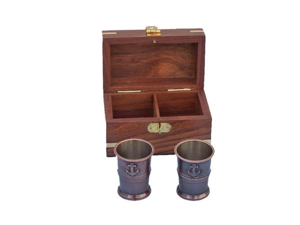 Wholesale Model Ships Antique Copper Anchor Shot Glasses With Rosewood Box 4" - Set Of 2 MC-2114-AC