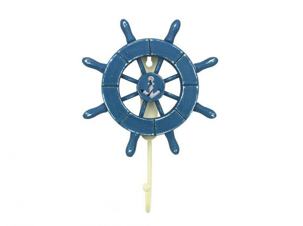 Wholesale Model Ships Rustic All Light Blue Decorative Ship Wheel With Anchor And Hook 8" Wheel-6-100-anchor