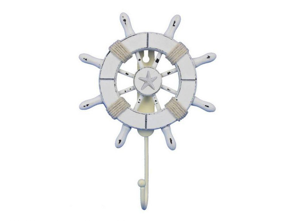 Wholesale Model Ships Rustic All White Decorative Ship Wheel With Starfish And Hook 8" Wheel-6-102-starfish