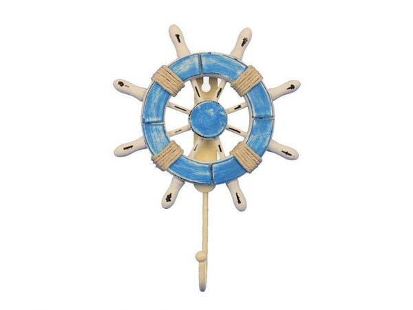 Wholesale Model Ships Rustic Light Blue And White Decorative Ship Wheel With Hook 8" Wheel-6-109