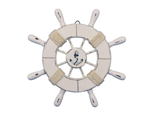 Wholesale Model Ships Rustic All White Decorative Ship Wheel With Anchor 9" Wheel-9-102-anchor