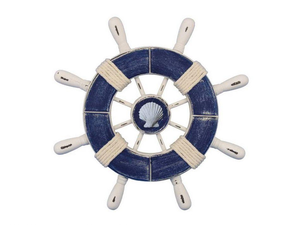 Wholesale Model Ships Rustic Dark Blue And White Decorative Ship Wheel With Seashell 9" Wheel-9-108-seashell